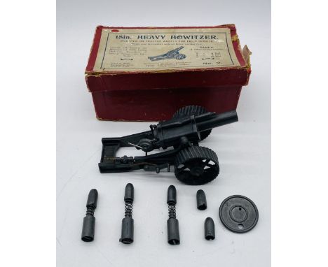 A boxed vintage Britains No.2 18in Heavy Howitzer "mounted on tractor wheels for field service" - with springs and shells (bo