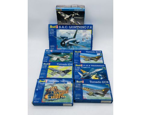 A collection of eight boxed Revell plastic model kits in the form of military planes, jets and helicopter, including  two Tor