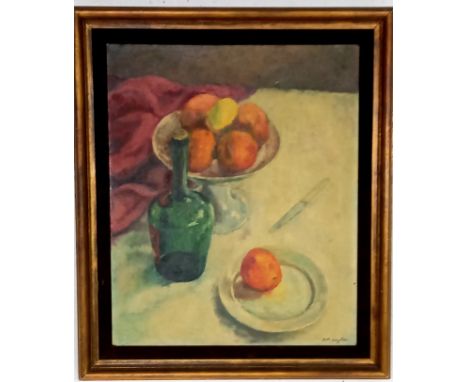 Oil on canvas still life of fruit and a bottle, signed D R Layton, 63cm wide,78cm high to include frame, slight damage to fra