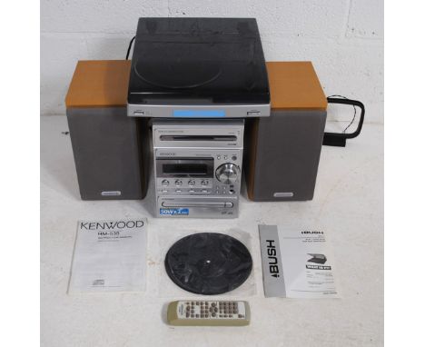 A Kenwood HM-535 micro hi-fi system, comprising cassette deck, Cd player and tuner, with a Bush MTT1 mini turntable and a pai