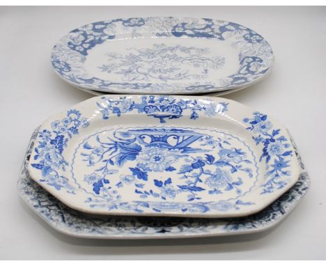 Four antique blue and white ceramic meat platters including Challinor, Dresden Opaque china etc.