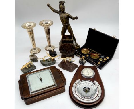 A  collection of assorted items to include two barometers, scales etc.