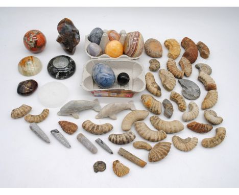 A collection of hardstone items and fossils, including hardstone eggs, dolphins, spheres, ammonite sections etc.