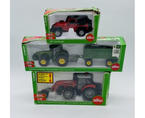 Three boxed Siku die-cast farming vehicles including a Massey Ferguson 894 tractor with front loader (3653), John Deere tract