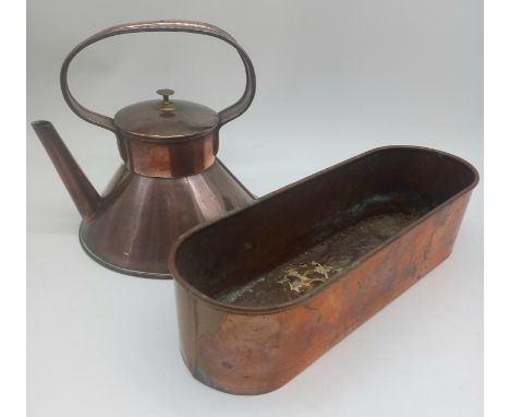 An antique copper kettle with makers mark for H Fisher, Gillingham, Dorset along with a copper flower trough.