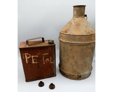 A vintage Shell petrol can, a brass BP cap, a Pratts cap and a galvanised oil can. 