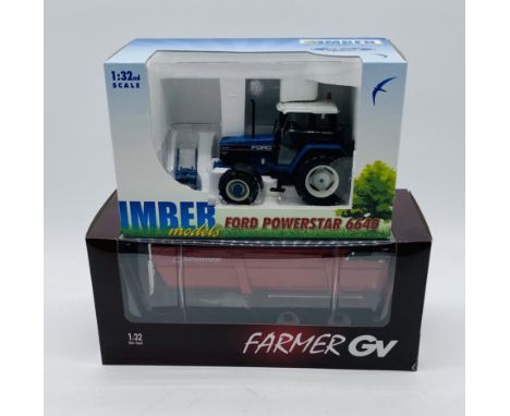 A boxed Imber Models Ford Powerstar 6640 die-cast tractor, along with a boxed Replicagri Remorgues Chevance Farmer GV trailer