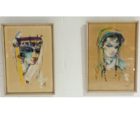 A pair of framed mid-century continental portrait studies in acrylic, 47.5cm wide, 67cm high.