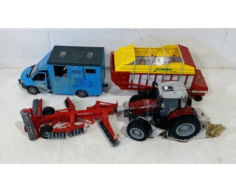 An ERTL Massey Ferguson 6613 toy tractor, along with a Bruder horse box, Kuhn Discover XL disc harrow and Jumbo Profiline Pot