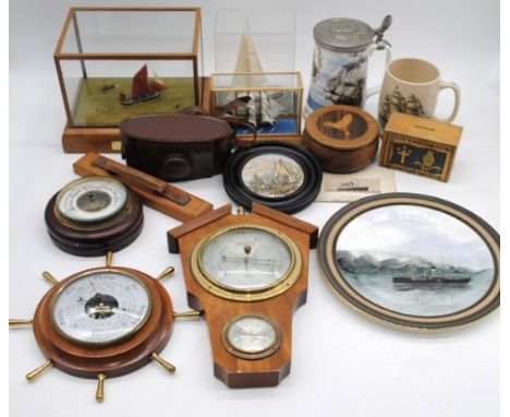 A quantity of miscellaneous items, including three cased model ships, barometers, ceramic tankards, inlaid wooden box, cased 