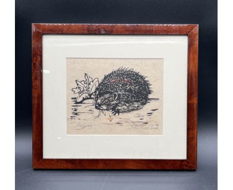A framed John Norris Wood lithograph woodblock print "Hedgehog" Overall size 32cm x 28cm.