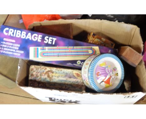 A box containing scales, resin owl group, lamp, tins, etc.