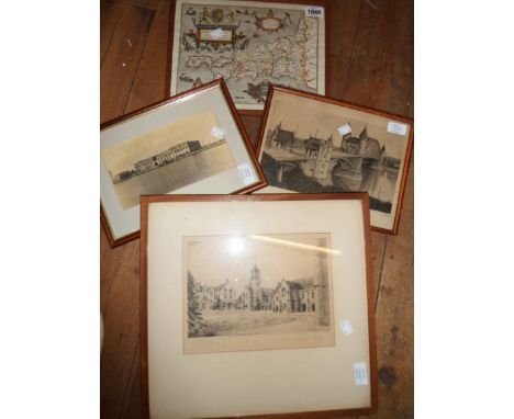 Four small framed pictures and a map print of Cornwall