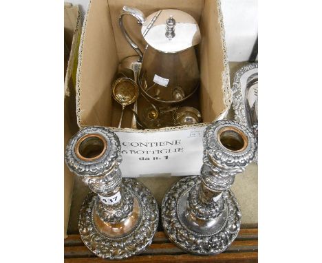 A pair of 21cm antique silver plated copper candlesticks - sold with a hot water jug, sifter, ladle, another and cauldron pat