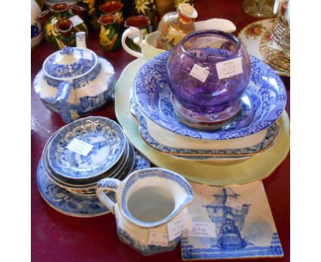 A selection of blue and white china including Copeland Spode Italian bowl and teapot, Wedgwood landscape jug, Chinese saucers