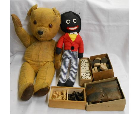 An old Teddy bear (tired) and Golly - sold with a set of chess pieces, dominoes, draughts pieces and Wills playing cards