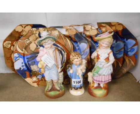 Six Bursley Ware Amstell pattern octagonal plates designed by Frederick Rhead - sold with a pair of continental figurines, an