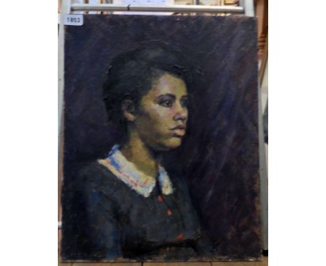 B.C. Wade: an unframed oil on canvas board portrait of a black lady in semi profiled - 50.5cm X 40.5cm