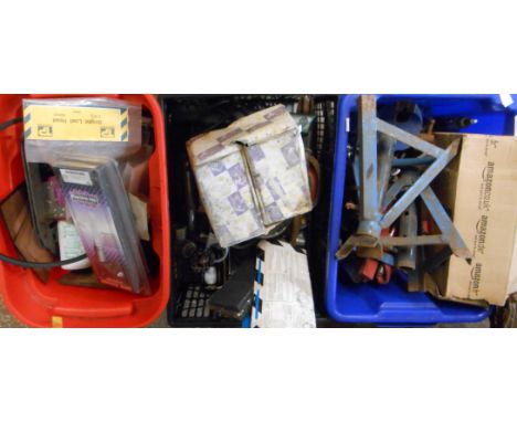 Three crates containing a quantity of vintage tools and a small quantity of automobila including axle stands, grease guns, Lu