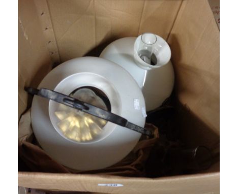 A box containing a hanging oil lamp form electric lamp - sold with a freestanding similar and two others