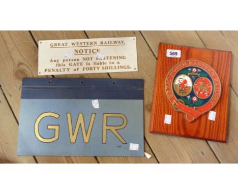 A GWR Stationers Office folder cover with gilt lettering - sold with a reproduction NE railway crest and reproduction gate no