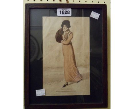 An oak framed early 19th Century coloured fashion print, entitled Walking Dress