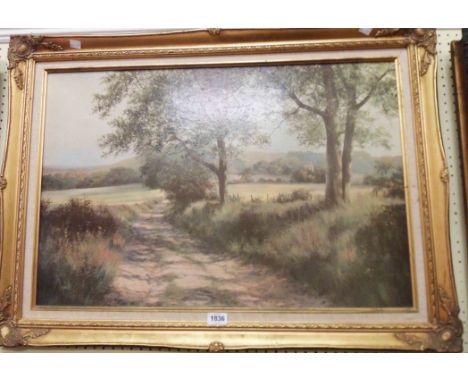Dipnall: a vintage gilt and hessian framed varnished coloured print, depicting a rural track