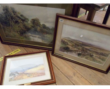 Three framed coloured prints, comprising F.J. Widgery: The Moore Gate, William Widgery: crossing the River Tavy and a smaller