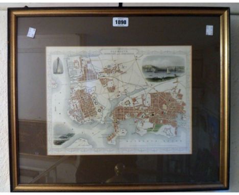 A gilt framed John Tallis &amp; Company coloured map print of Plymouth, Devonport and Stonehouse