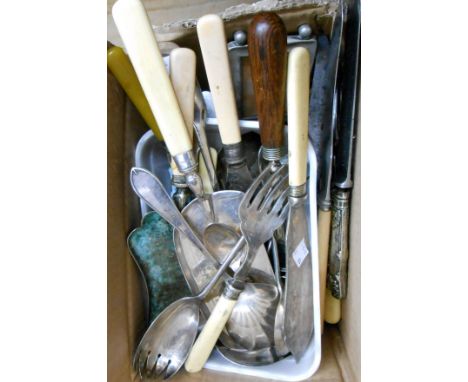 A quantity of silver plated and other cutlery including large ladle, pair of berry spoons and small photo frame, etc.