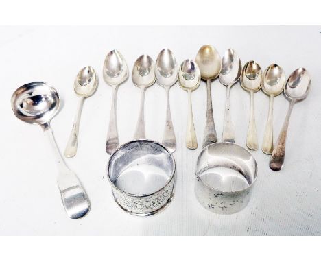 A small collection of late Georgian and other silver teaspoons, William IV 1831 Exeter silver fiddle pattern ladle and two si