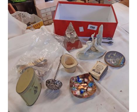 A box containing assorted collectable items including Nao duck figurine, watches, inkwell, etc.