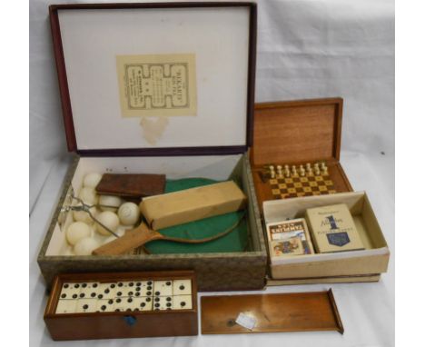 A vintage table tennis set, card games, dominoes, travelling chess set, etc.