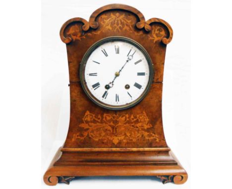 A 19th Century inlaid walnut cased mantle clock waisted design with triple C-scroll top and Roman numerals to dial, with R. M
