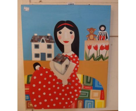 Alison Ross: an oil on canvas portrait of a girl in a red polka dot dress - signed verso