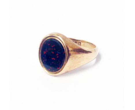 A hallmarked 9ct. gold bloodstone panel signet ring