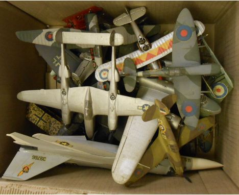 A collection of vintage kit built and painted 1:72 scale model aeroplanes including Fokker triplane, Bristol Bulldog, P38 Lig