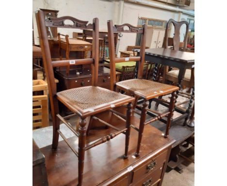 Two Edwardian stained wood framed bedroom chairs with rattan panel seats - sold with a stained oak barley twist occasional ta