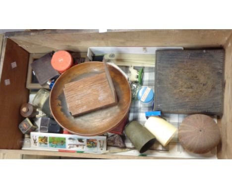 A drawer of collectables including sea urchin shell, daguerreotype portrait of a boy, inkwells, Dr Dettweiler sputum bottle, 