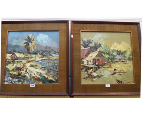 Kitilerk Muhummad: a pair of vintage wood and material clad framed oils on canvas, depicting Far Eastern waterside scenes - o