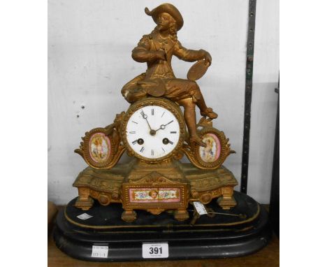 A 19th Century French gilt spelter figural cased mantle clock with Japy Freres eight day bell striking movement - a/f, on woo