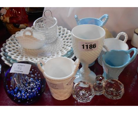 Ten Sowerby and other pressed glass items including posy vases, plates, etc. - sold with a glass paperweight, pressed glass s