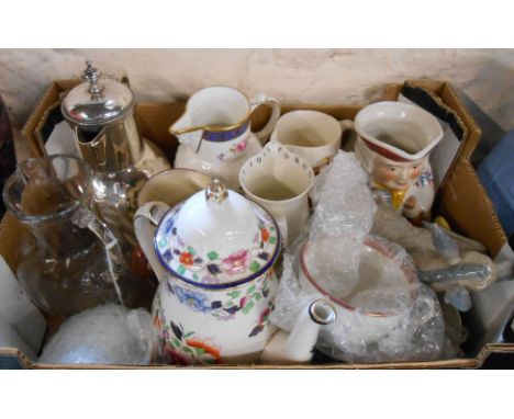 A box containing assorted ceramics including Booths Battersea coffee pot, Coalport Caughley mask head jug Royal Worcester com
