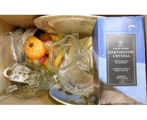 A box containing assorted china and glass including ceramic fruit, Portemeirion cups and saucers, etc.