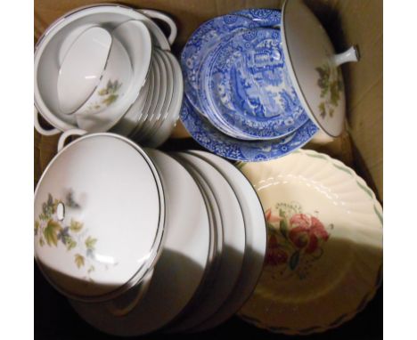 A box containing assorted pottery including Susie Cooper plates, Copeland Spode Italian bowls and saucers, and a Japanese por