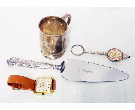 A silver christening cup with personalised initials - sold with a modern silver handled cake slice, vintage Eterna-Matic 2000