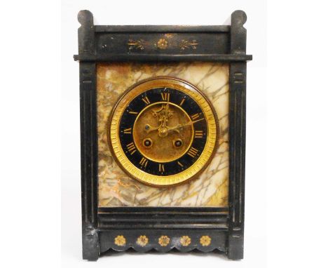An Aesthetic Movement black slate and marble cased mantle clock, with visible escapement to gilt and black dial and S. Marti 
