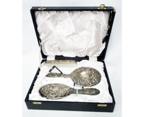 A boxed vintage Broadway silver backed hand mirror and brush set - Birmingham 1977 - case lid a/f