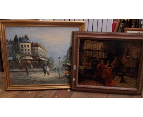 Burnett: a gilt framed vintage oil on canvas, depicting a typical Parisian street scene - signed - sold with a varnished oleo