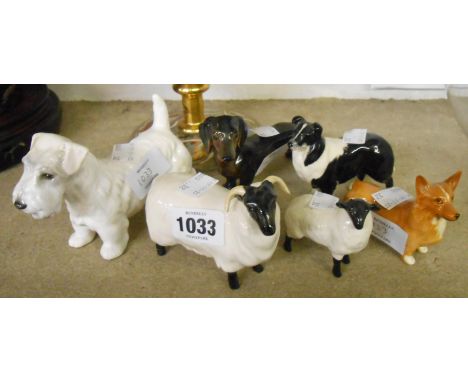 An Adderley bone china Sealyham terrier, a Beswick black faced ewe and lamb, Beswick Corgi, Beswick Border Collie, and a Dach